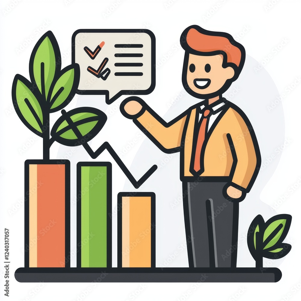 Businessman Presenting Growth Charts and Progress with Plants and Graphs in a Flat Design Illustration Businessman Presenting Growth Charts and Progress with Plants and Graphs in a Flat Design Illustration