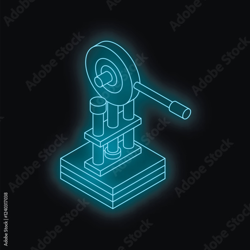 Hydraulic press machine with glowing blue neon light, creating a futuristic and industrial design on a dark background