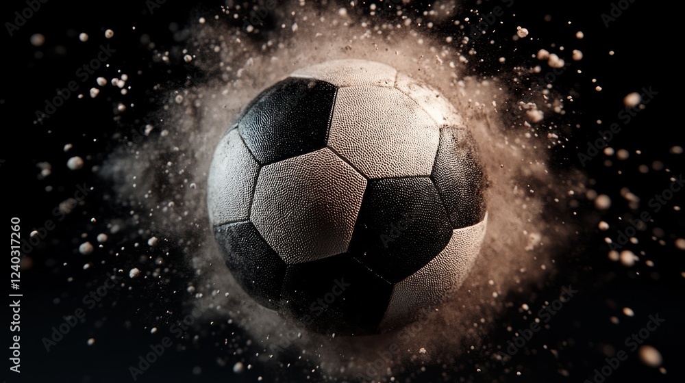 Naklejka premium Closeup of football midshot with glowing energy waves and particles scattering.