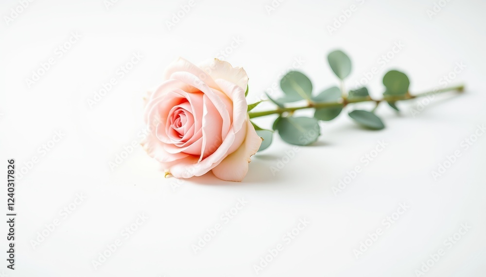 Fototapeta premium Single soft pink rose is elegantly placed on a clean white surface. Delicate rose flower exudes simplicity and beauty, suitable for floristry, greeting cards and promotional materials