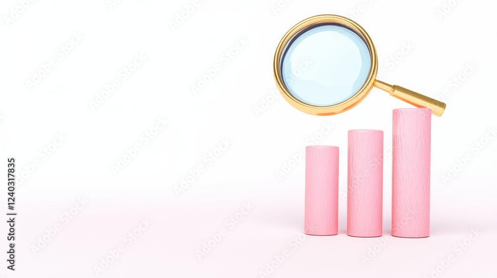 Bar chart inspection icon, magnifying glass highlighting trends, thorns, copy space, white background, 3D illustration. Bar chart inspection icon, magnifying glass highlighting trends, thorns, copy space, white background, 3D illustration.
