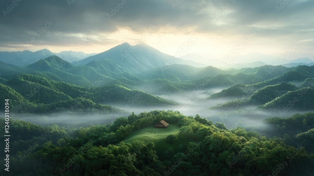 Obraz premium Sunrise over misty mountain valley, cabin on hilltop, peaceful landscape, travel poster