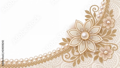 Elegant floral decoration with pearls and lace on light background, vintage design, copy space