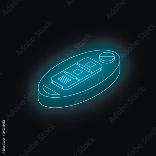 Futuristic glowing car key isolated on black background representing modern security and access technology