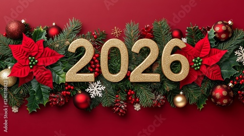 Bright and festive 2026 formed from poinsettias holly and winter greenery with golden ornaments and sparkling snowflakes on a rich red background 
