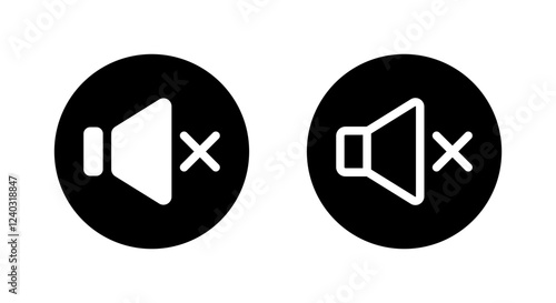 Mute sound speaker icon on black circle. Audio volume sign symbol