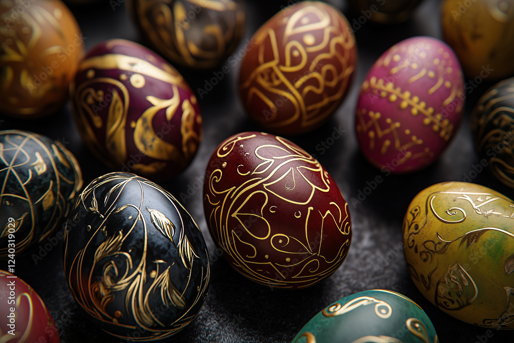 Easter egg shaped macarons, each uniquely decorated with intricate patterns, Arranged in an elegant style on dark Easter egg shaped macarons, each uniquely decorated with intricate patterns, Arranged in an elegant style on dark