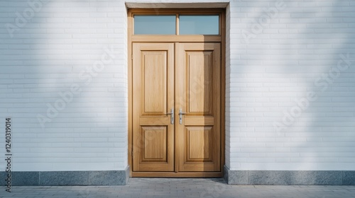 Chapel entrance shrouded in morning fog arched wooden doors partially open inviting Ave Maria mystery holy atmosphere 
