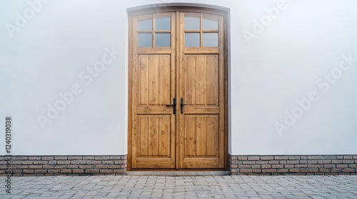 Chapel entrance shrouded in morning fog arched wooden doors partially open inviting Ave Maria mystery holy atmosphere  photo