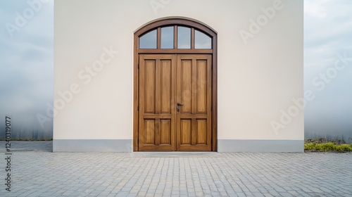 Chapel entrance shrouded in morning fog arched wooden doors partially open inviting Ave Maria mystery holy atmosphere 