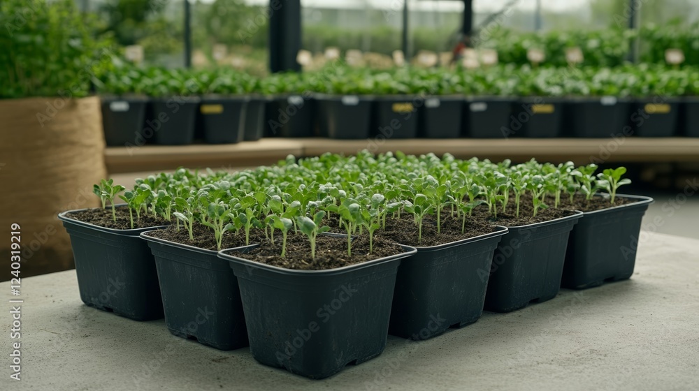 Eco friendly seedling trays displayed in the supermarket surrounded by gardening kits and organic fertilizer in earthy minimalistic packaging Eco friendly seedling trays displayed in the supermarket surrounded by gardening kits and organic fertilizer in earthy minimalistic packaging