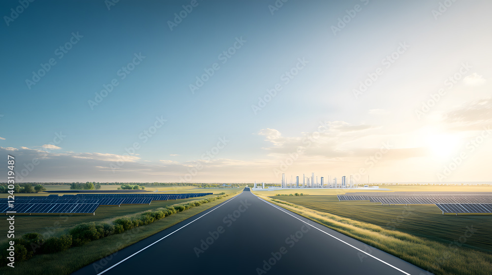 Fototapeta premium A sweeping view of a state-of-the-art renewable energy park, with multiple eco-facilities spread across the landscape. Solar panels stretch toward the horizon, hydrogen energy stations stand proudly,