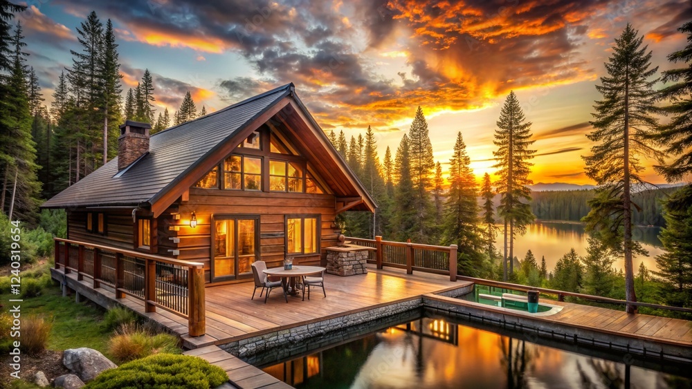 Fototapeta premium Rustic Wooden Cabin Lakefront Sunset View