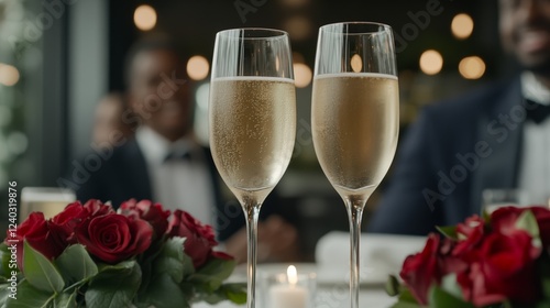 Elegant Champagne glasses clinking next to a table decorated with red roses and candles as a group of friends watch the Bachelor premiere cozy viewing party 