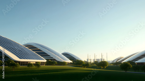 A futuristic, eco-conscious energy park captured in an expansive, balanced composition. Large solar panel arrays stretch across rolling green fields, while hydrogen power plants with sleek designs