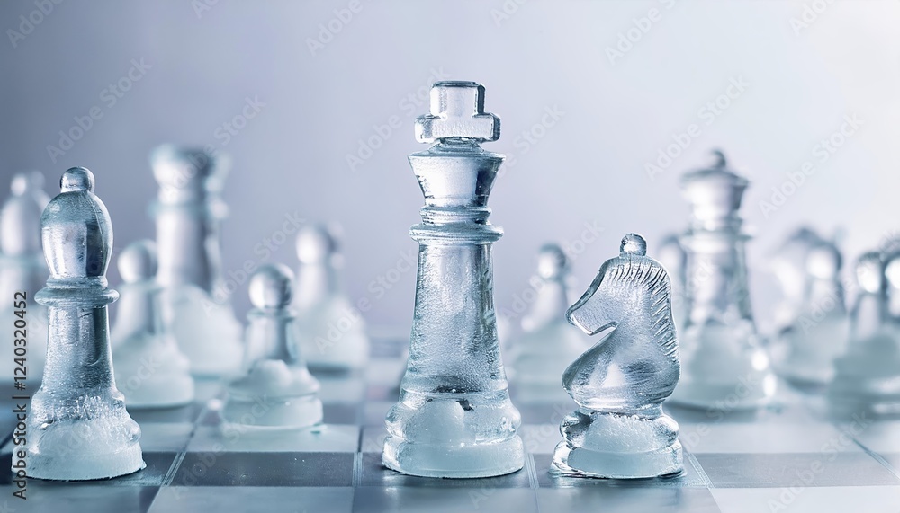 Intricate glass chess pieces depicted on a sleek chessboard with a bright background showcasing a king and knight Intricate glass chess pieces depicted on a sleek chessboard with a bright background showcasing a king and knight