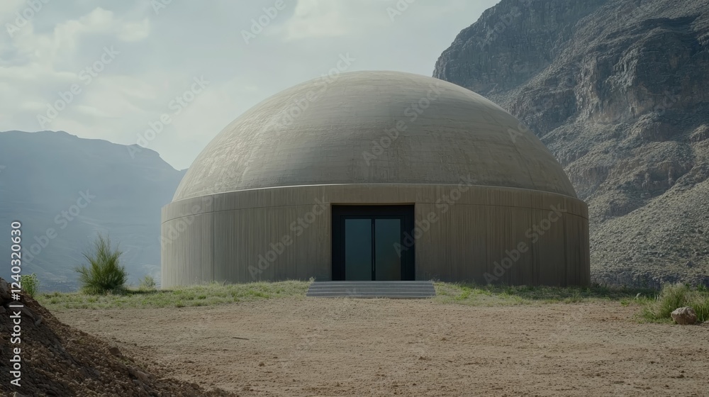 Fototapeta premium Elegant Dome shaped fireproof bunker house with a fire resistant concrete structure solar panels and protective ventilation system located in a desert setting future proof design 