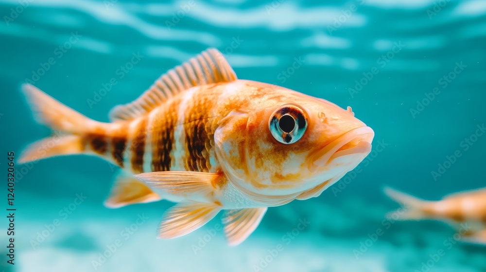 Close-up of fish with striking patterns swimming in a tranquil aquarium. Close-up of fish with striking patterns swimming in a tranquil aquarium.