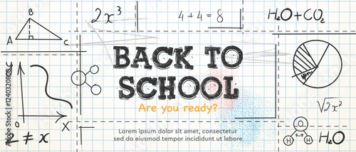 Back to school checkered paper web banner. Pencil line hand drawing design with science learning formulas, vector illustration