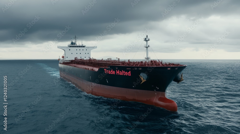 Elegant Empty oil tanker stranded at sea under a stormy sky with bold red lettering reading Trade Halted painted on its hull Elegant Empty oil tanker stranded at sea under a stormy sky with bold red lettering reading Trade Halted painted on its hull