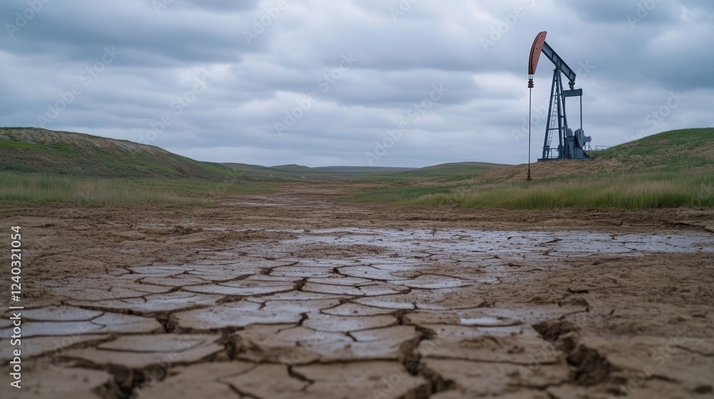 Elegant Environmental impact of shale oil drilling with a dried up water body and cracked earth in the foreground near an extraction site Elegant Environmental impact of shale oil drilling with a dried up water body and cracked earth in the foreground near an extraction site