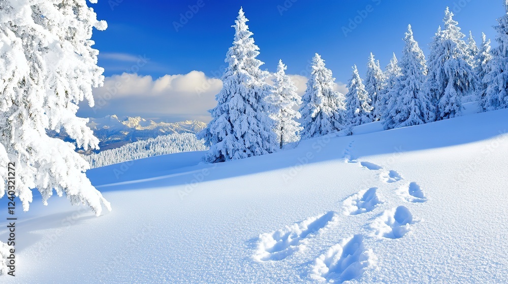 Fototapeta premium Animal Paw Print in Fresh Snow: Tranquil Winter Scene. Serene and Peaceful Outdoor Moment Capturing Nature's Footprint in Pure White Snow.