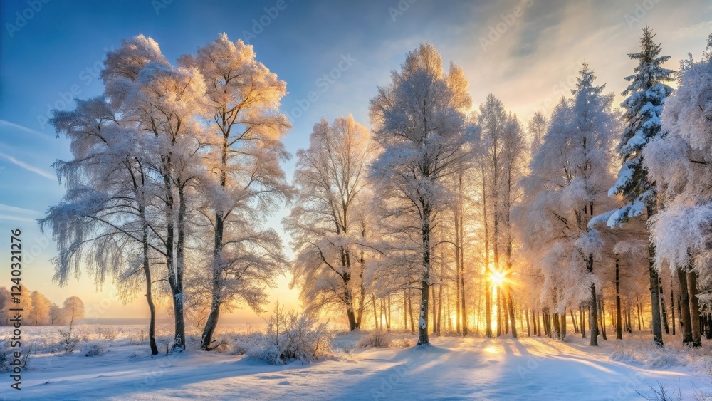 Winter wonderland sunrise scene frost-covered trees bathed in golden sunlight, a serene snowy landscape at dawn Winter wonderland sunrise scene frost-covered trees bathed in golden sunlight, a serene snowy landscape at dawn