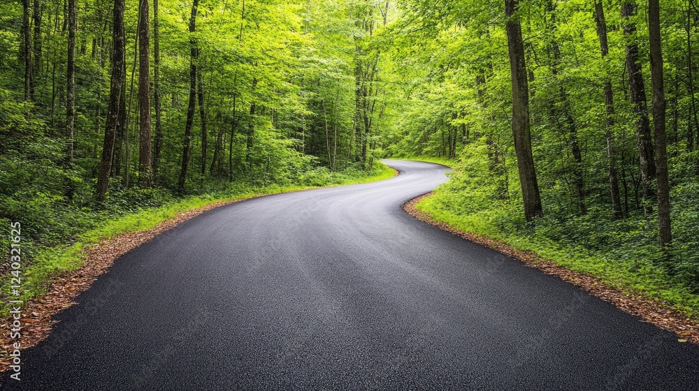 Obraz premium Black asphalt road winding through a green forest with crisp, clean edges.