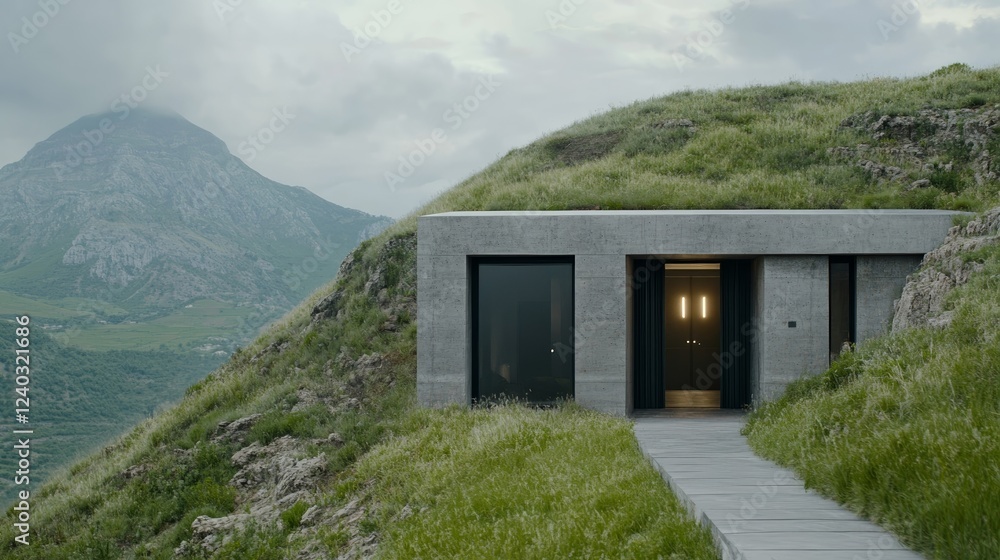 Elegant Futuristic hillside fireproof mansion with a stone facade advanced heat sensors and underground emergency shelters architectural innovation for safety Elegant Futuristic hillside fireproof mansion with a stone facade advanced heat sensors and underground emergency shelters architectural innovation for safety