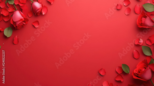 Beautiful red roses and petals on vibrant red background create romantic atmosphere, perfect for Valentine Day celebrations
