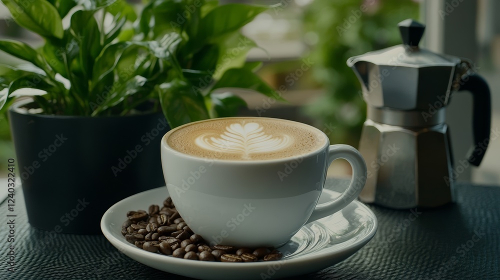 Elegant Latte art of an Italian map design atop a foamy espresso surrounded by fresh coffee beans and a classic moka pot on a textured surface Elegant Latte art of an Italian map design atop a foamy espresso surrounded by fresh coffee beans and a classic moka pot on a textured surface