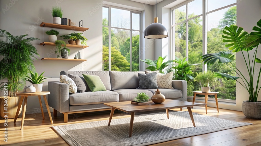 Fototapeta premium Bright Living Room Interior With Gray Sofa and Abundant Greenery