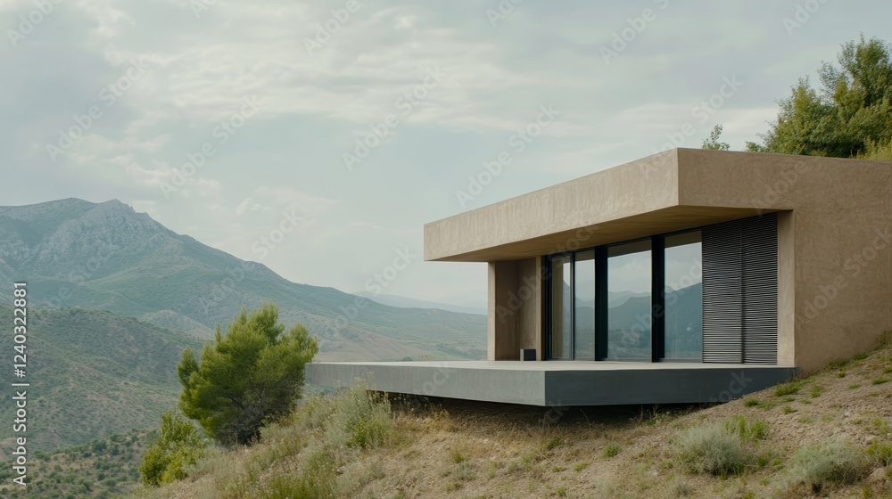 Elegant Minimalist fireproof home built with heat resistant clay bricks and metal shutters nestled on a hillside with scorched earth nearby resilient architecture Elegant Minimalist fireproof home built with heat resistant clay bricks and metal shutters nestled on a hillside with scorched earth nearby resilient architecture