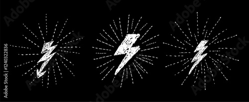 Set of lightning wax pen drawing silhouette. Collection of thunder or battery symbols with radial raises stroke like kids written by white pastel pencil. Graphic design elements. Vector illustration