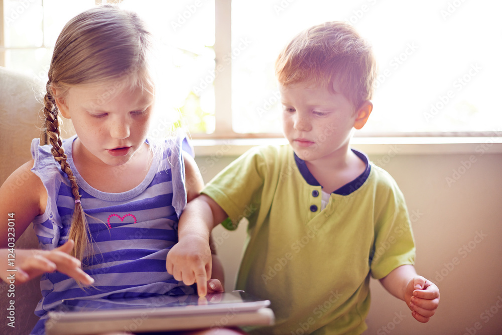 Children, play and tablet on sofa at house for streaming movies, elearning and education website. Kids, relax and digital with online games, download film and bonding together for video entertainment Children, play and tablet on sofa at house for streaming movies, elearning and education website. Kids, relax and digital with online games, download film and bonding together for video entertainment