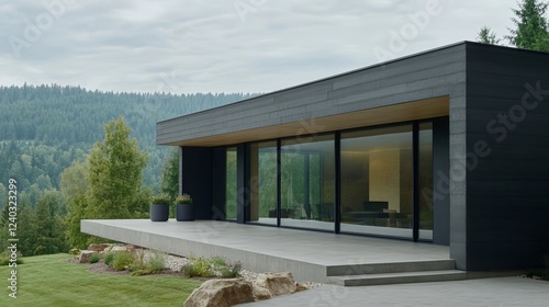 Elegant Modern fireproof house with sleek concrete walls fire resistant metal roofing and a surrounding stone patio set against a dry forested backdrop safety design 