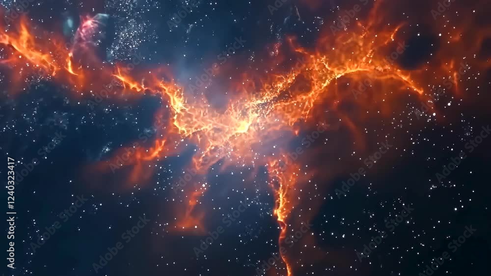 Fantasy animation scene cosmic inferno. A breathtaking nebula blazes with fiery orange and red hues against a backdrop of deep blue space, speckled with distant stars. Fantasy animation scene cosmic inferno. A breathtaking nebula blazes with fiery orange and red hues against a backdrop of deep blue space, speckled with distant stars.