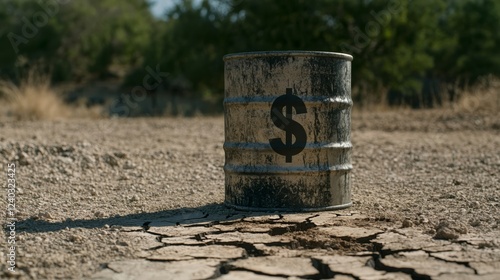 Elegant Oil barrel spilling crude onto cracked dry ground with a looming shadow of a dollar sign projected across the scene  photo