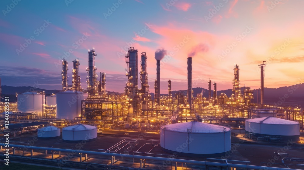 Obraz premium Oil Refinery Industrial Plant at Sunset with Smokestacks