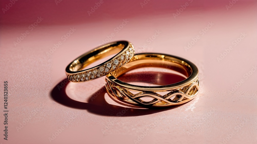 Two intertwined gold rings resting on a pink gradient background. Two intertwined gold rings resting on a pink gradient background.
