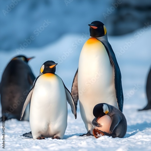 Penguins living in Antarctica. This is the penguin family. A baby penguin is hatching an egg. Mother penguin is taking care of it.