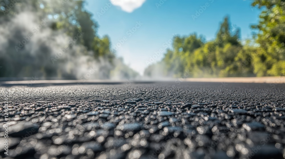 Freshly laid asphalt road with steam rising from the hot surface under a bright sky. Freshly laid asphalt road with steam rising from the hot surface under a bright sky.