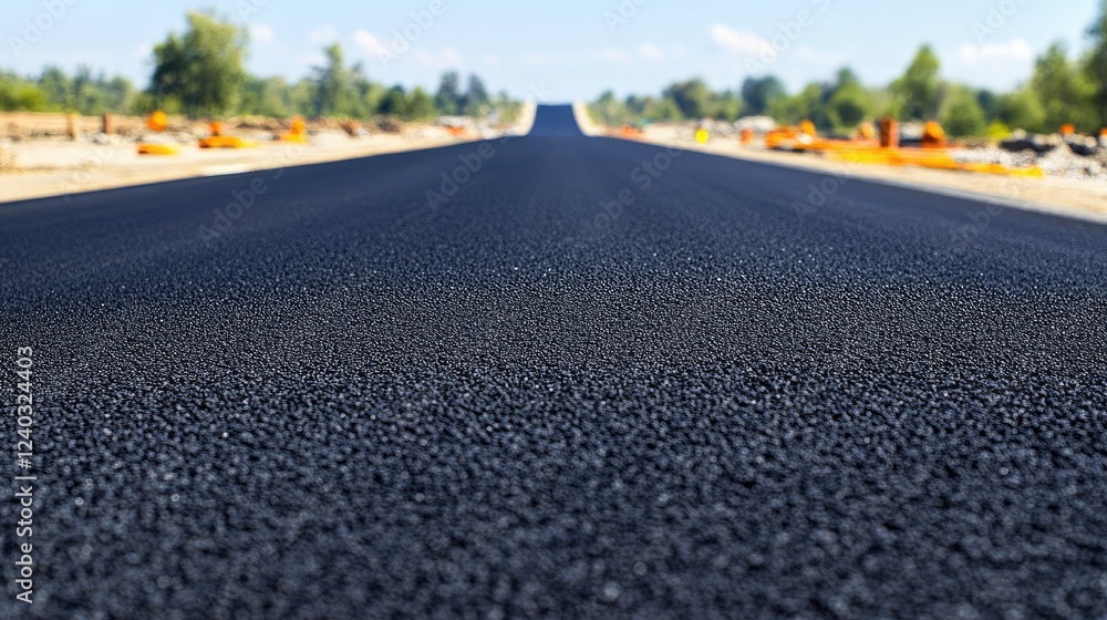 Fresh asphalt road leading into the horizon, surrounded by trees. Fresh asphalt road leading into the horizon, surrounded by trees.