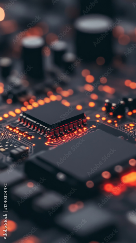 Close up of glowing circuit board with microchips and orange lights Close up of glowing circuit board with microchips and orange lights