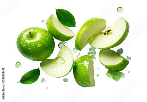 Wallpaper Mural Green Apples and Slices Suspended in Air with Water Droplets Torontodigital.ca