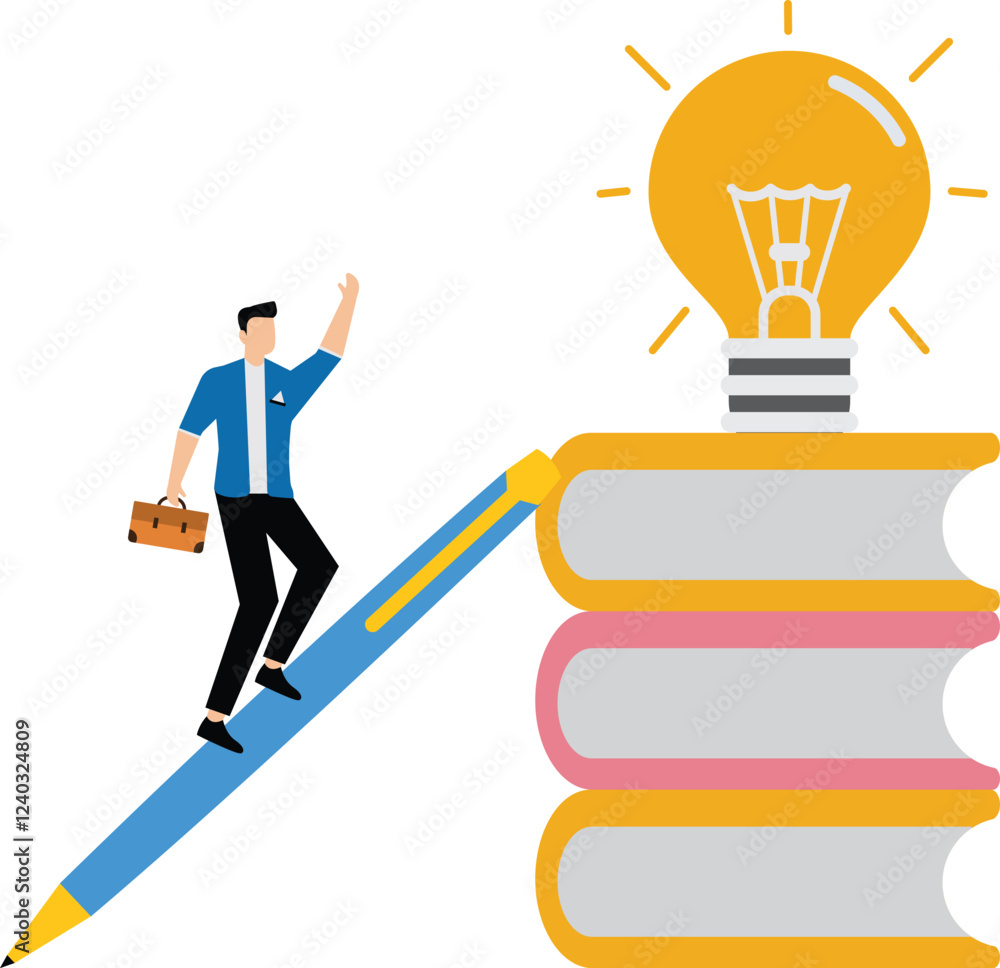 Knowledge to create creativity. education from reading book to develop skills. knowledge to achieve success. young businessman with a pile of books covered in light bulb plants Knowledge to create creativity. education from reading book to develop skills. knowledge to achieve success. young businessman with a pile of books covered in light bulb plants