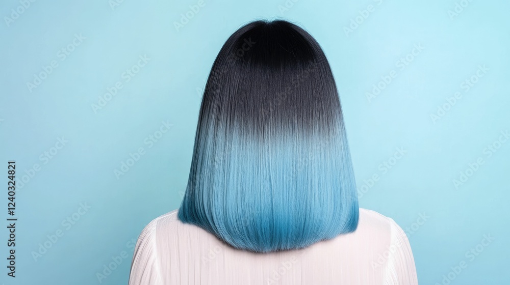 Striking portrait of a woman with long straight hair featuring a bold ombr gradient from jet black to icy blue set against a serene minimalist blue background Striking portrait of a woman with long straight hair featuring a bold ombr gradient from jet black to icy blue set against a serene minimalist blue background