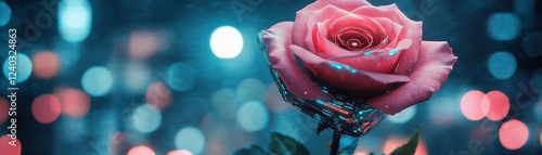 Craft a rose mixing cyber and nature for a sci-fi vibe photo