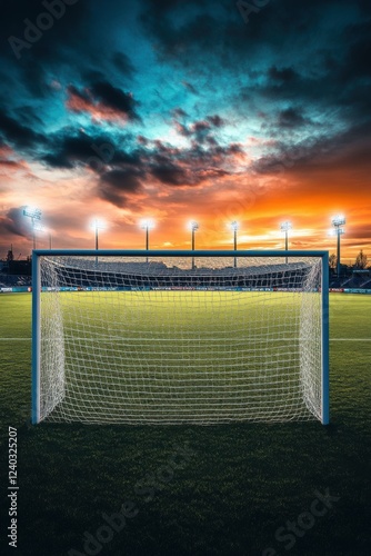 Fototapeta Naklejka Na Ścianę i Meble -  Sunset Goal: Dramatic Soccer Field at Dusk