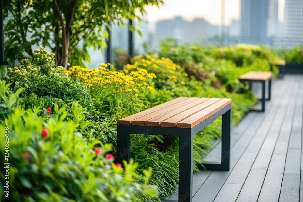 Modern urban garden with vibrant flowers and greenery on rooftop, featuring wooden benches and serene atmosphere. perfect escape in city Modern urban garden with vibrant flowers and greenery on rooftop, featuring wooden benches and serene atmosphere. perfect escape in city